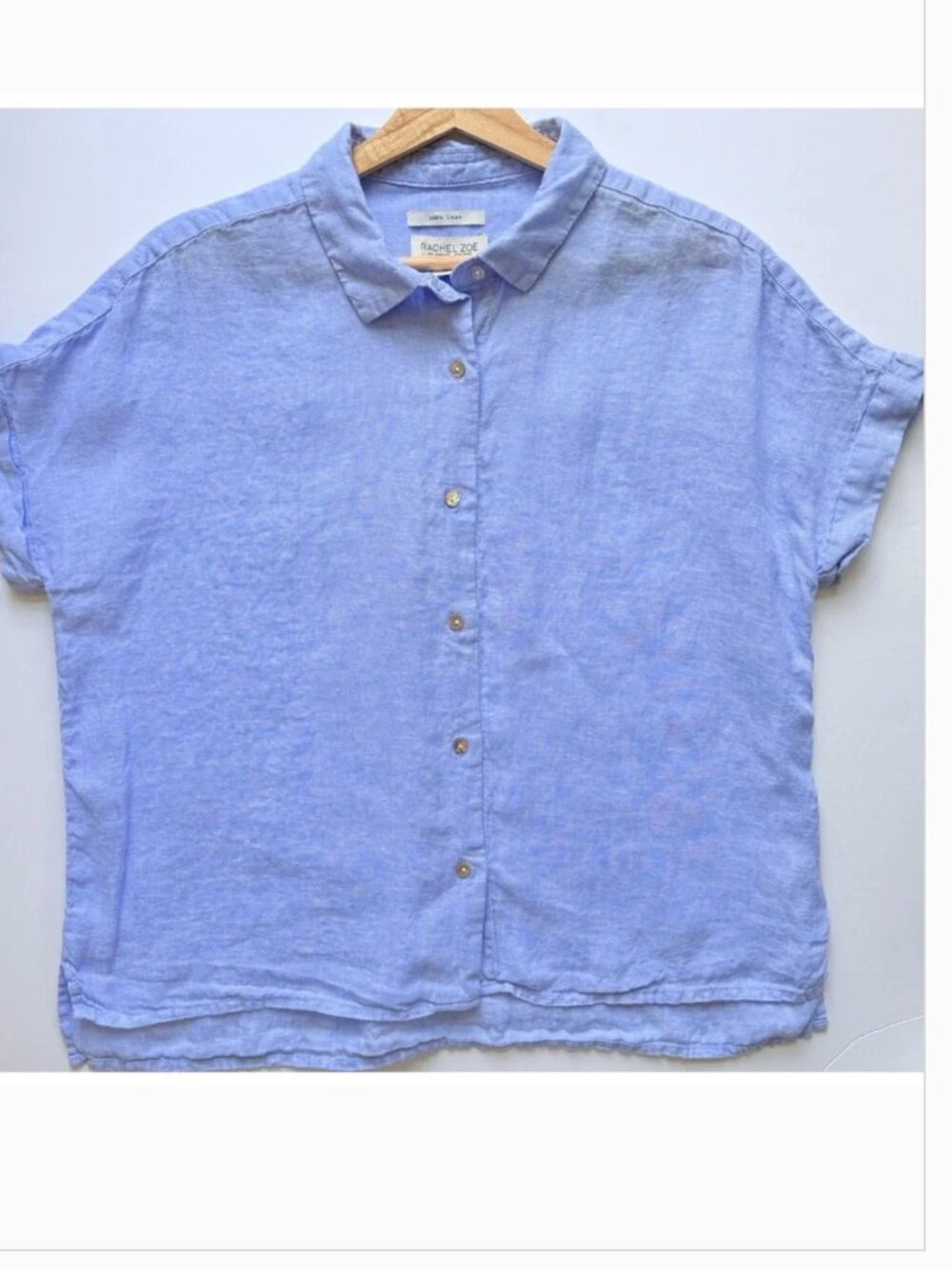 RACHEL ZOE Size Large 100% Linen Blue Lightweight Boxy Button Up Short Sleeve